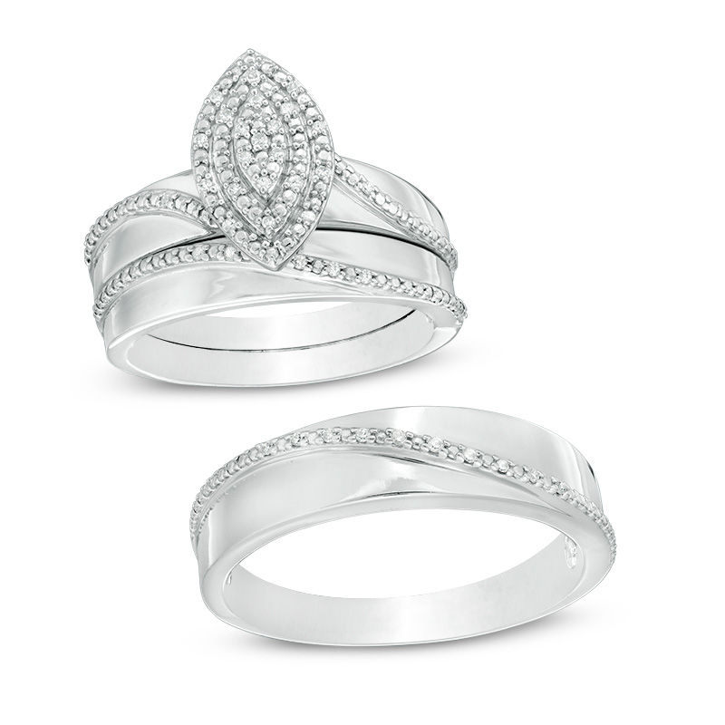 1/10 CT. T.W. Composite Diamond Double Marquise Frame Bypass Wedding Ensemble in Sterling Silver -  Size 7 and 10