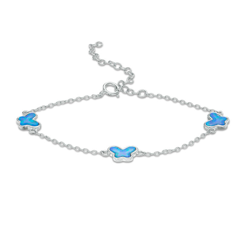 Child's Simulated Blue Opal Butterfly Station Bracelet in Sterling Silver - 6.0"