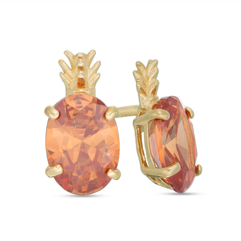 Main Image 1 of Oval Orange Cubic Zirconia Pineapple Stud Earrings in 10K Gold