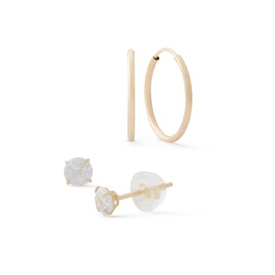 14K Gold CZ Solitaire Studs and Hoop Set