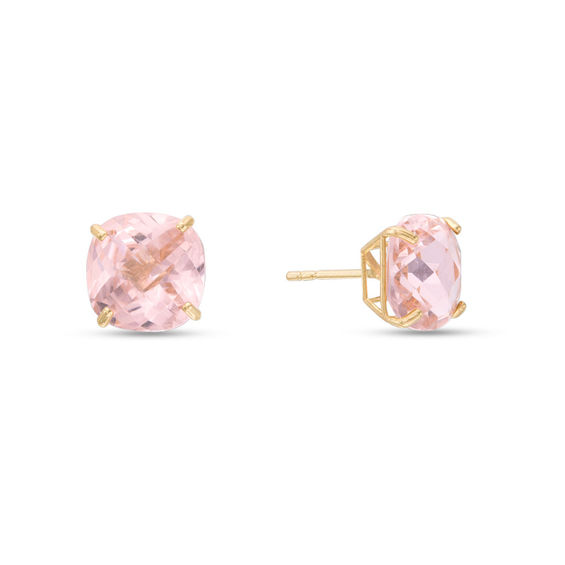 8mm Faceted Cushion-Cut Pink Cubic Zirconia Solitaire Stud Earrings in 10K Gold