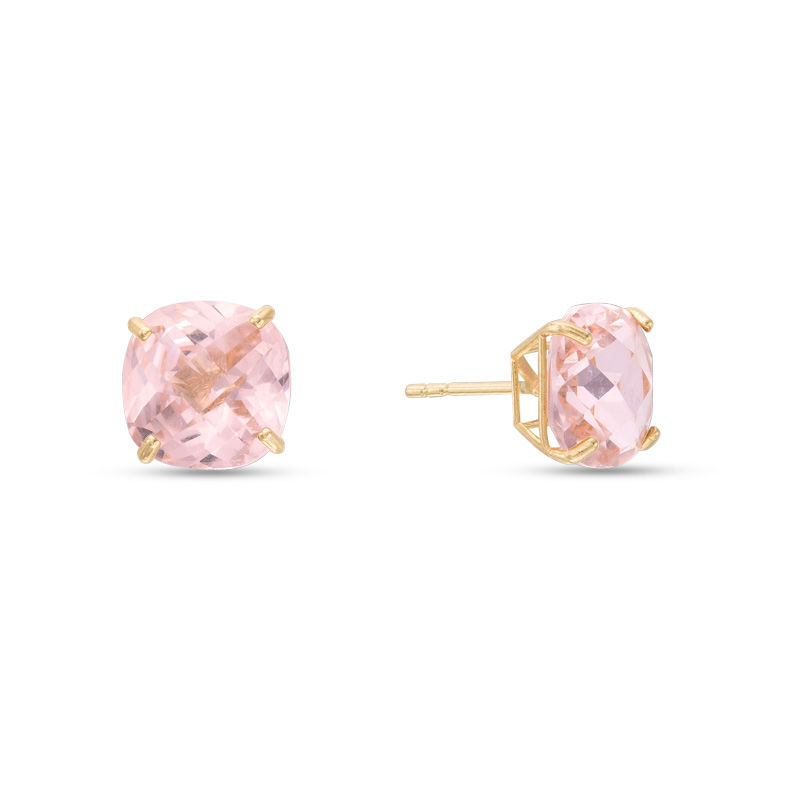 Main Image 1 of 8mm Faceted Cushion-Cut Pink Cubic Zirconia Solitaire Stud Earrings in 10K Gold