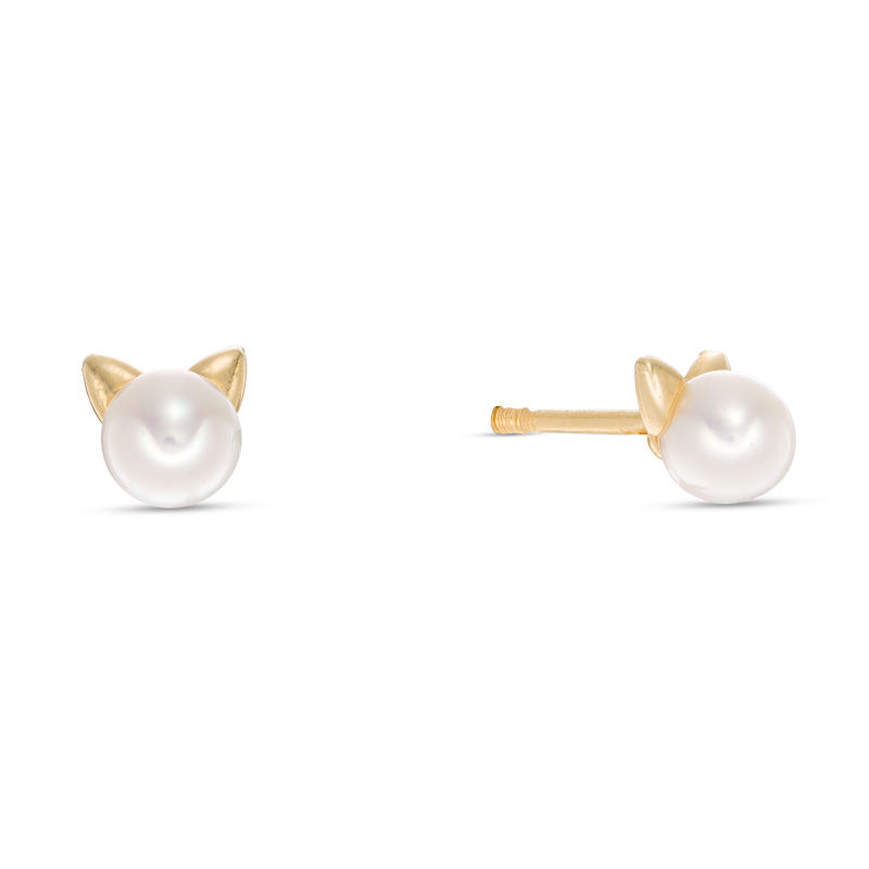 Main Image 1 of Child's 4.5mm Pearl Cat Stud Earrings in 14K Gold