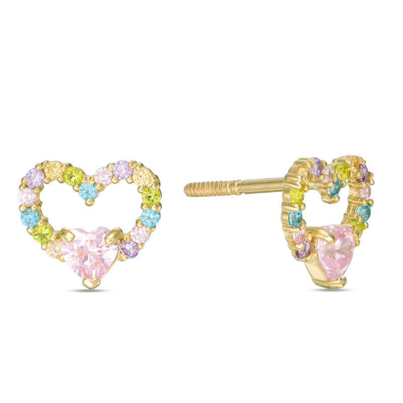 Main Image 1 of Child's Multi-Color Cubic Zirconia Heart Stud Earrings in 10K Gold