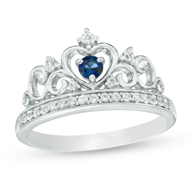 Main Image 1 of Lab-Created Blue and White Sapphire Heart Crown Vintage-Style Ring in Sterling Silver - Size 7