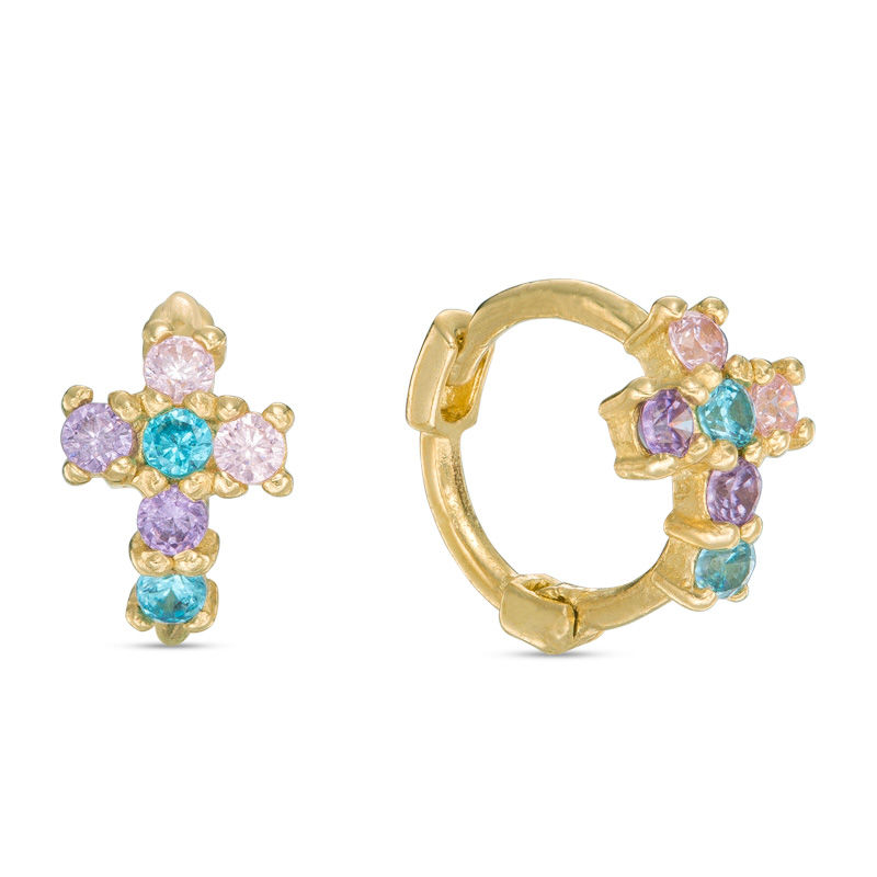 Child's Multi-Color Cubic Zirconia Cross Hoop Earrings in 10K Gold