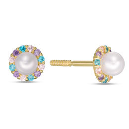 Child's 3mm Pearl and Multi-Color Cubic Zirconia Frame Stud Earrings in 14K Gold