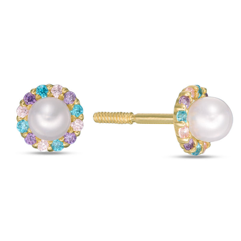 Main Image 1 of Child's 3mm Pearl and Multi-Color Cubic Zirconia Frame Stud Earrings in 14K Gold