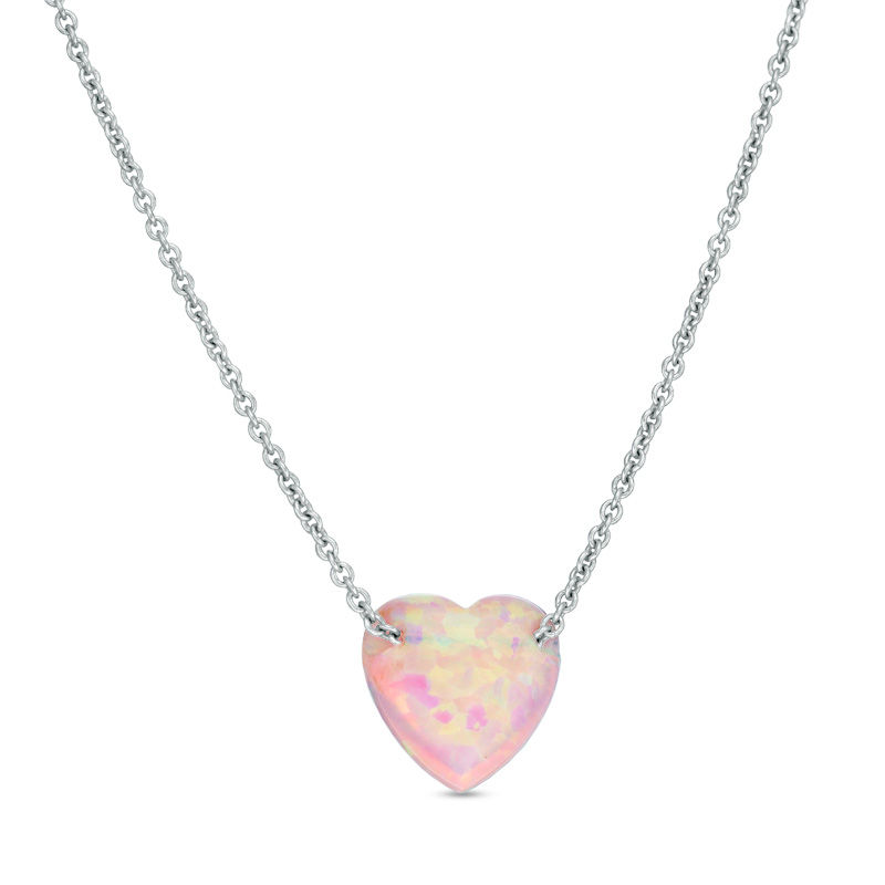 Child's Simulated Pink Opal Heart Pendant in Sterling Silver - 15"