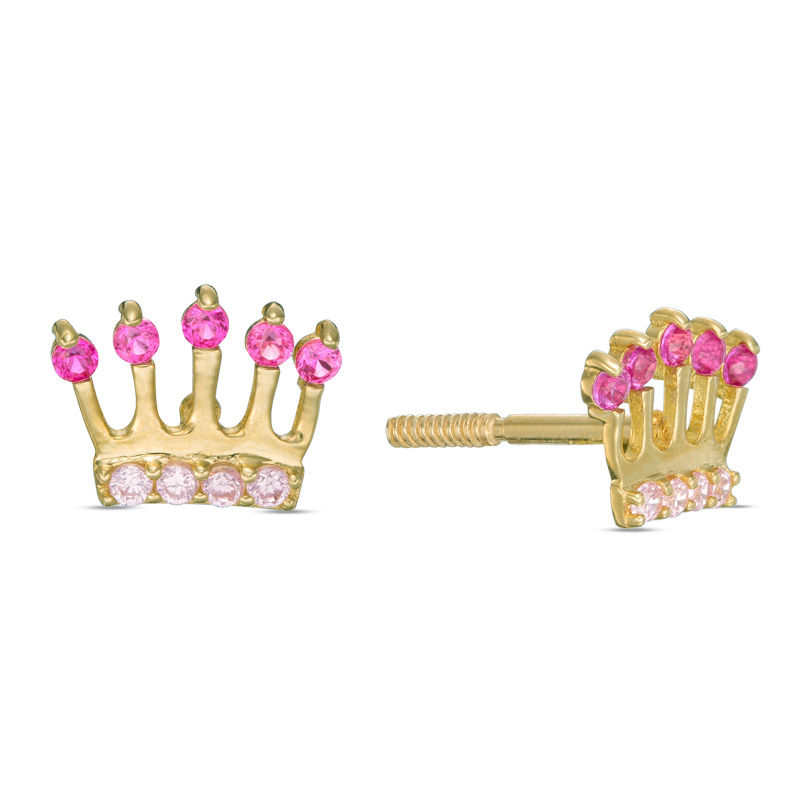 Main Image 1 of Child's Pink Cubic Zirconia Crown Stud Earrings in 10K Gold