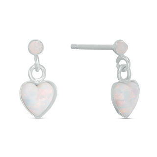 Child's 5mm Heart-Shaped Simulated Opal Dangle Drop Earrings in Sterling Silver
