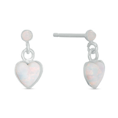Child's 5mm Heart-Shaped Simulated Opal Dangle Drop Earrings in Sterling Silver