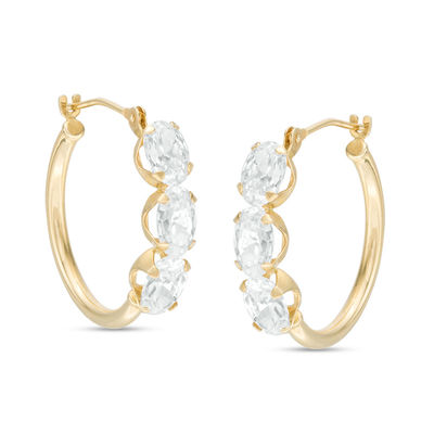 Oval Cubic Zirconia Three Stone Hoop Earrings in 10K Gold