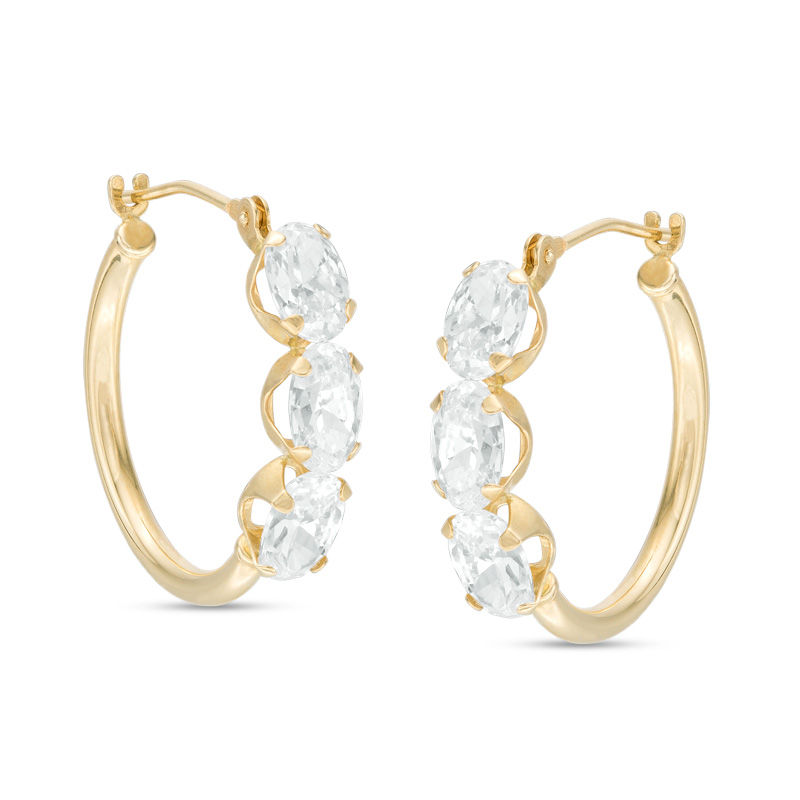 Oval Cubic Zirconia Three Stone Hoop Earrings in 10K Gold