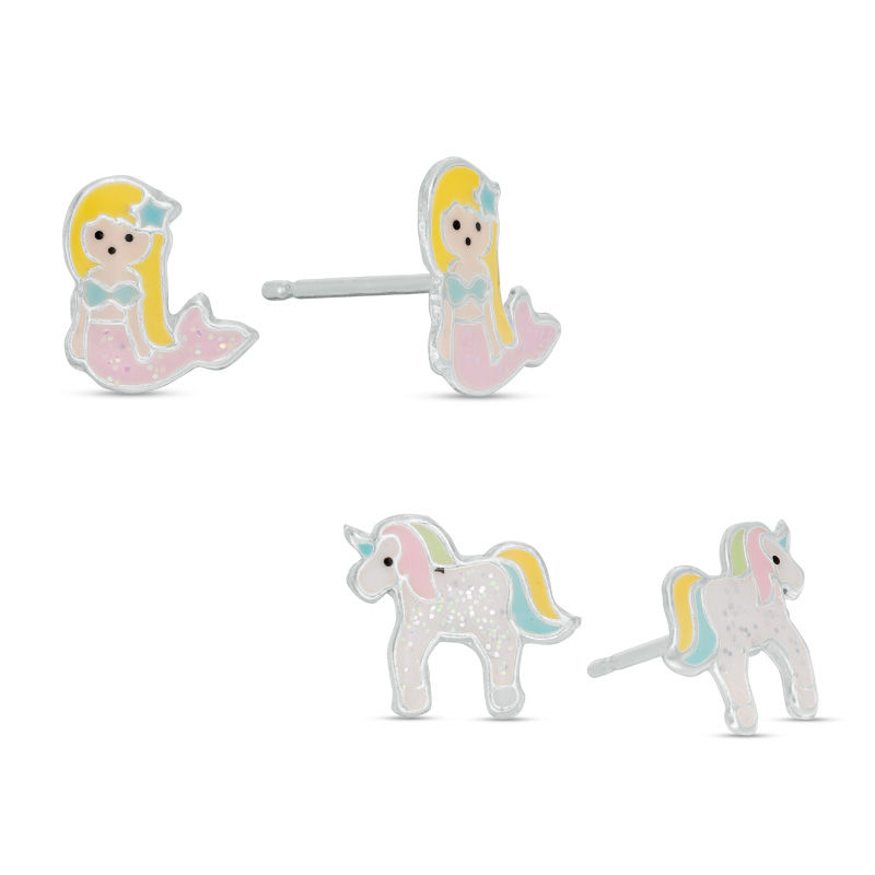 Main Image 1 of Child's Enamel Mermaid and Unicorn Stud Earrings Set in Sterling Silver