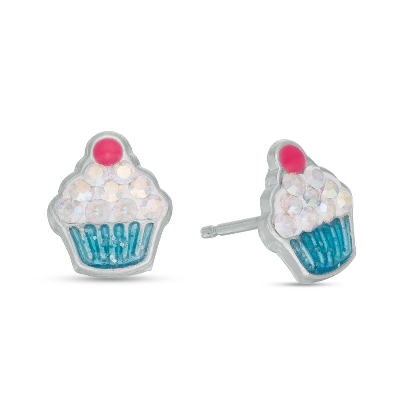Child's Crystal Cupcake Stud Earrings in Solid Sterling Silver