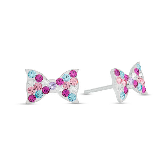 Child's Multi-Color Crystal Bow Stud Earrings in Sterling Silver