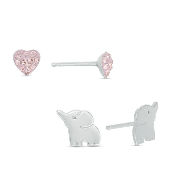 Child's Pink Crystal Heart and Elephant Stud Earrings Set in Sterling Silver