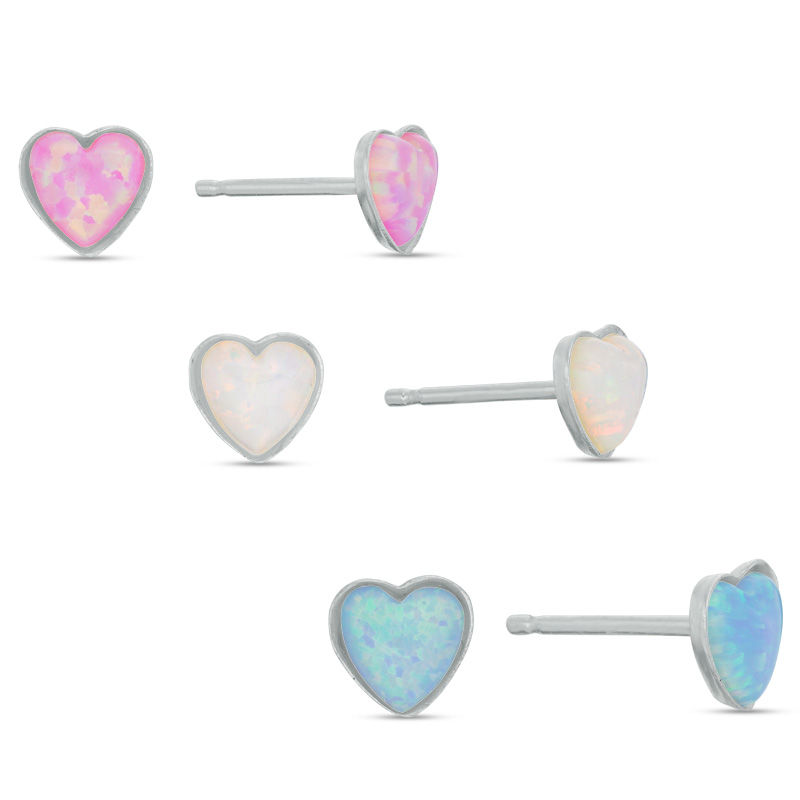 Child's Simulated Multi-Color Opal Heart Stud Earrings Set in Sterling Silver