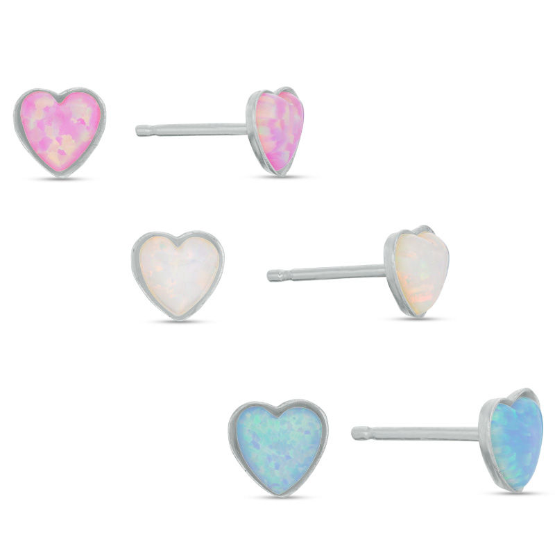 Main Image 1 of Child's Simulated Multi-Color Opal Heart Stud Earrings Set in Sterling Silver