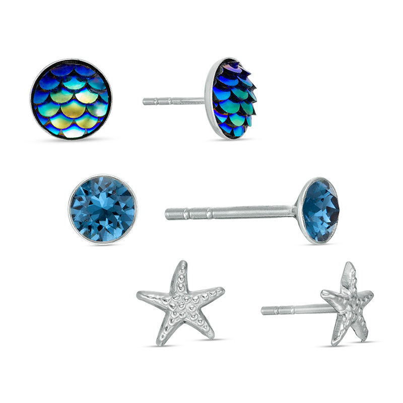 Child's Underwater Theme Three Pair Stud Earrings Set in Sterling Silver