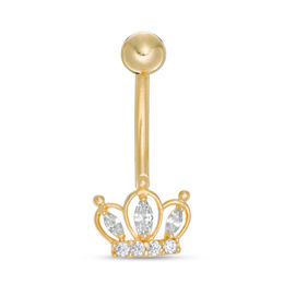 014 Gauge Cubic Zirconia Crown Curved Belly Button Ring in Solid 10K Gold
