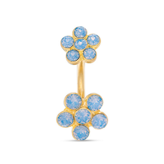 014 Gauge Blue Crystal Flower Curved Belly Button Ring in Stainless Steel with Yellow IP