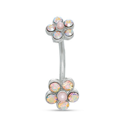 014 Gauge Simulated Pink Pearl and Iridescent Flower Curved Belly Button Ring in Stainless Steel