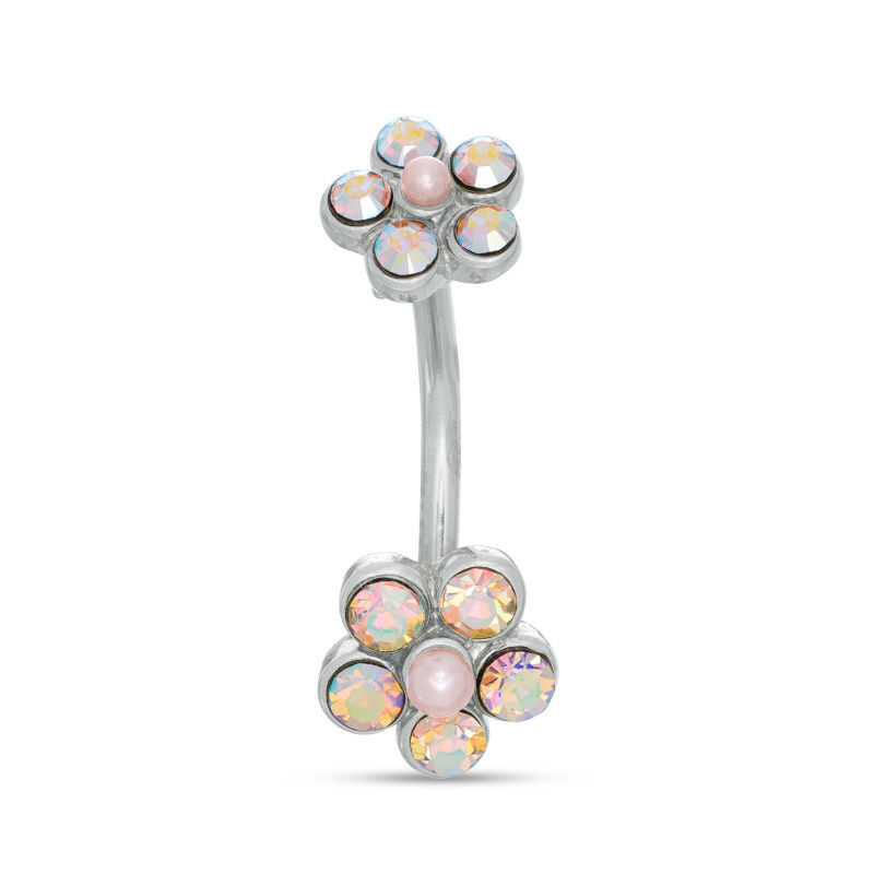 014 Gauge Simulated Pink Pearl and Iridescent Flower Curved Belly Button Ring in Stainless Steel