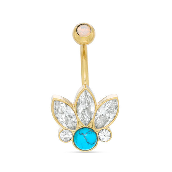 014 Gauge Simulated Turquoise and Cubic Zirconia Headdress Curved Belly Button Ring in Stainless Steel with Yellow IP