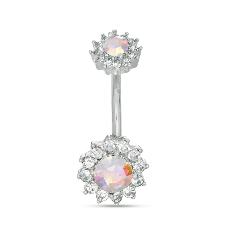 Solid Stainless Steel Crystal Iridescent Frame Belly Button Ring - 14G