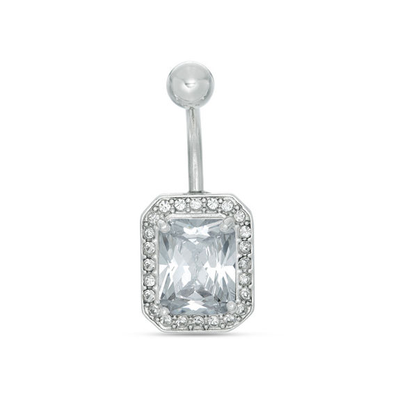 014 Gauge Cushion-Cut Cubic Zirconia Frame Curved Belly Button Ring in Stainless Steel