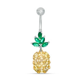 014 Gauge Green and Yellow Cubic Zirconia Pineapple Dangle Belly Button Ring in Stainless Steel