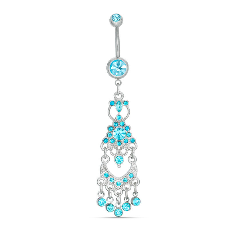 Main Image 1 of 014 Gauge Blue Crystal Chandelier Dangle Belly Button Ring in Stainless Steel