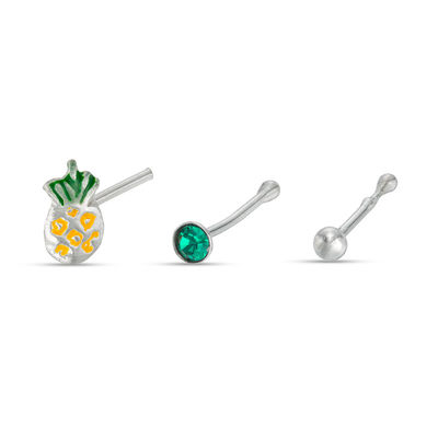 020 Gauge Green Crystal and Pineapple Nose Stud Set in Sterling Silver