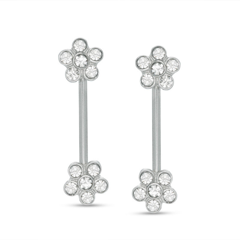 014 Gauge Cubic Zirconia Flower Barbell Set in Stainless Steel
