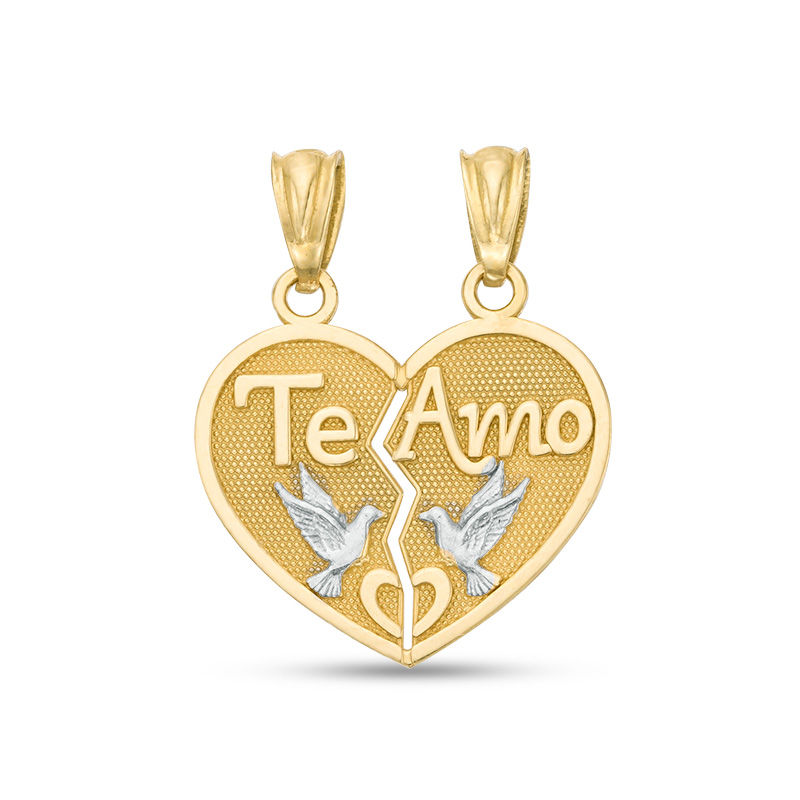 Main Image 1 of "Te Amo" and Doves Textured Two Halves of One Heart Two-Tone Necklace Charm in 10K Gold