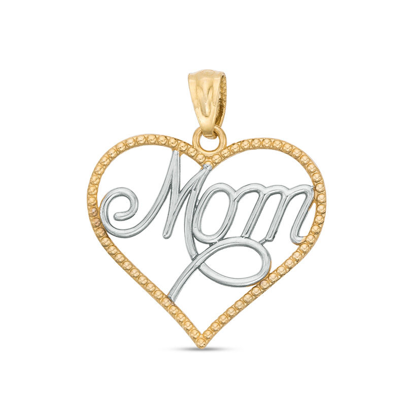 Main Image 1 of "Mom" Beaded Heart Pendant Charm in 10K Two-Tone Gold