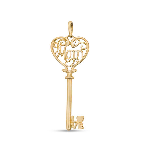 "Mom" Heart-Top Key Pendant Charm in 10K Gold