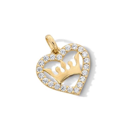10K Solid Gold CZ Heart with Crown Necklace Charm