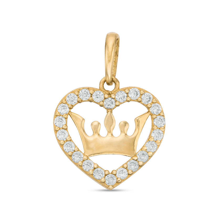 Cubic Zirconia Heart with Crown Pendant Charm in 10K Solid Gold