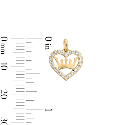 10K Solid Gold CZ Heart with Crown Necklace Charm