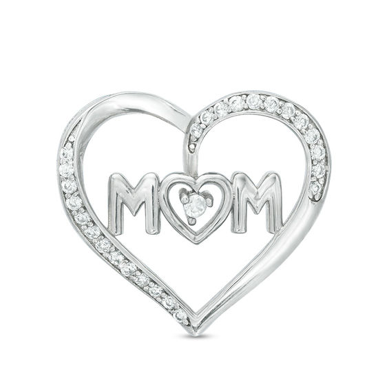 Cubic Zirconia "MOM" Heart Pendant Charm in Sterling Silver
