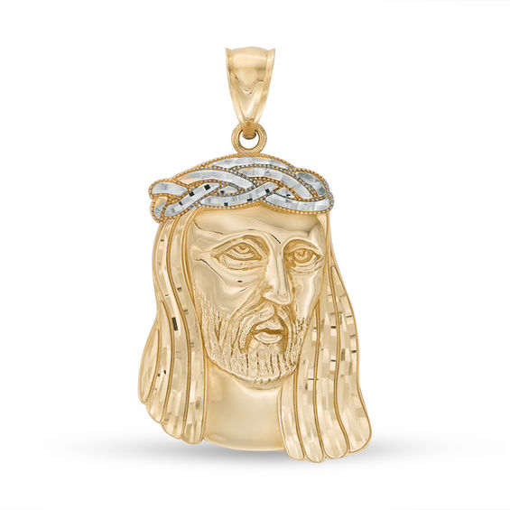 Diamond-Cut and Beaded Jesus Head Two-Tone Necklace Charm in 10K Gold