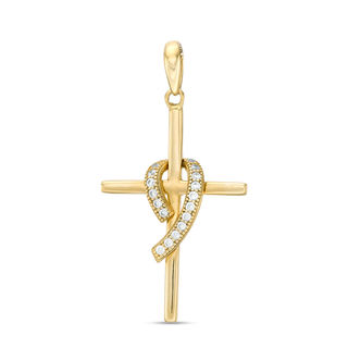 Cubic Zirconia Overlay Cross Pendant Charm in 10K Gold