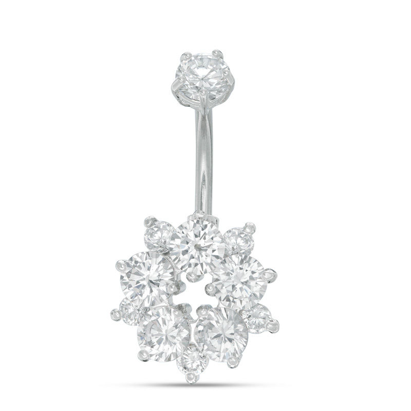 Solid Stainless Steel CZ Flower Curved Belly Button Ring - 14G