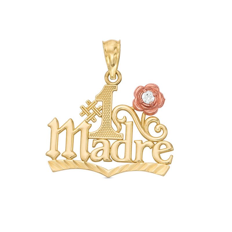 Cubic Zirconia "#1 Madre" Pendant Charm in 10K Two-Tone Gold