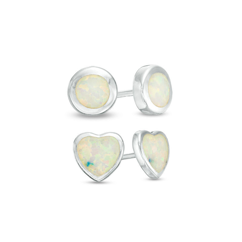 Main Image 1 of Heart-Shaped and Round Simulated Opal Stud Earrings Set in Sterling Silver
