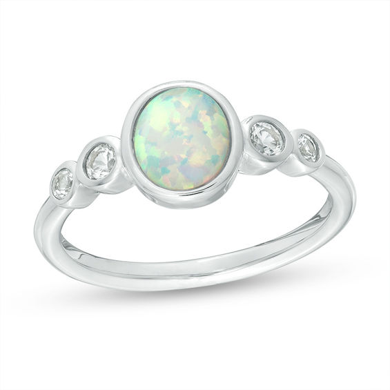 Oval Bezel-Set Lab-Created Opal and White Sapphire Ring in Sterling Silver - Size 7