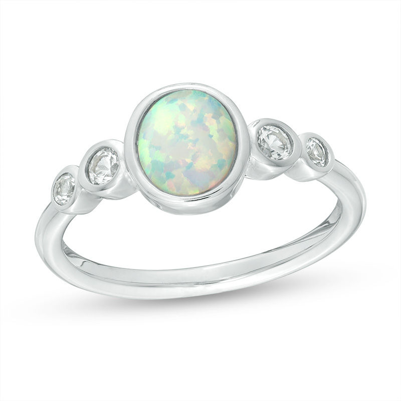 Main Image 1 of Oval Bezel-Set Lab-Created Opal and White Sapphire Ring in Sterling Silver - Size 7
